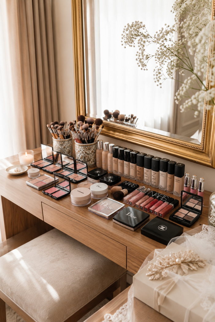 Penteadeira montada com pincéis, bases e paletas de MAC, Dior, NARS e Chanel diante de um espelho dourado